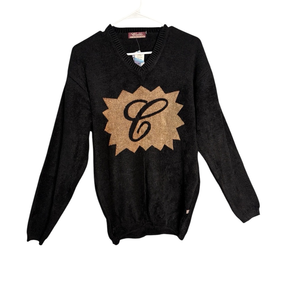 Cello women black long sleeve graphic v-neck sweater size L